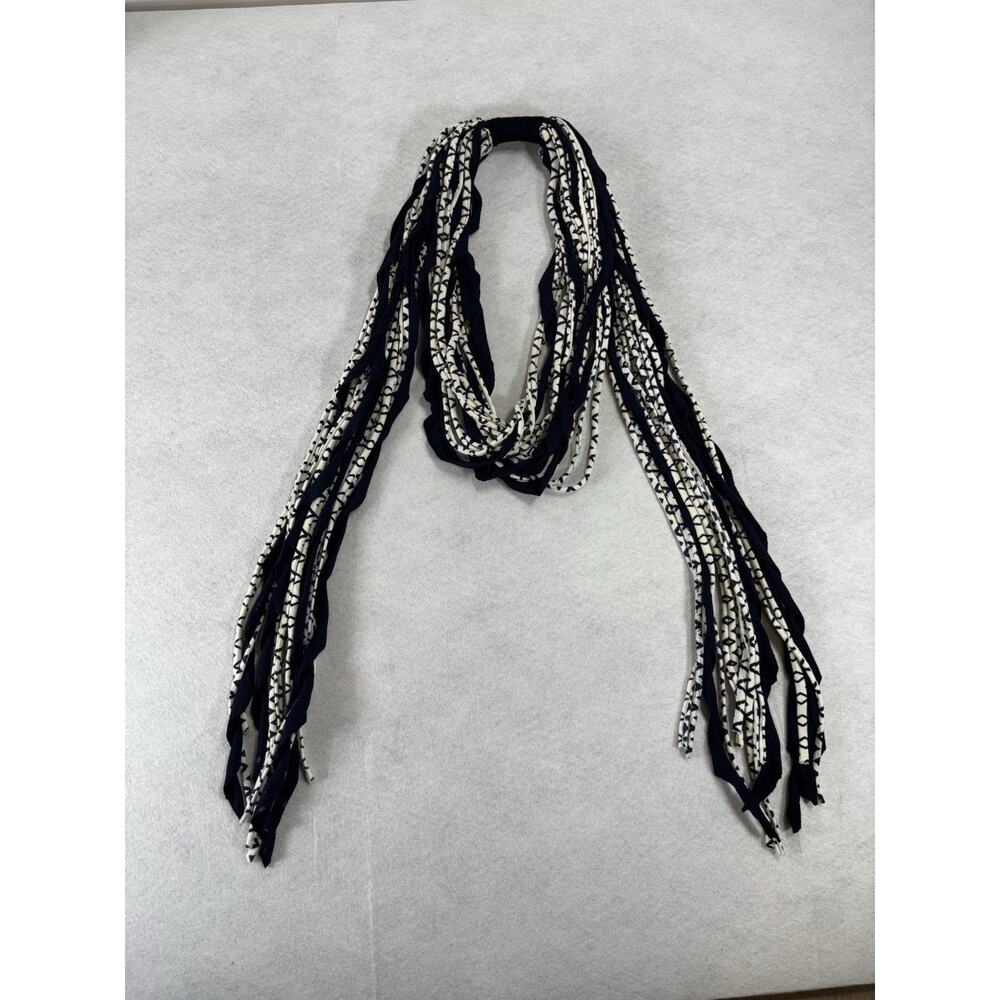 Boho Fringe Infinity Scarf Navy Cream Tribal Geometric Jersey Loop Scarf